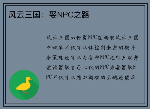 风云三国：娶NPC之路