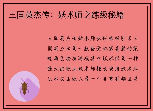 三国英杰传：妖术师之练级秘籍